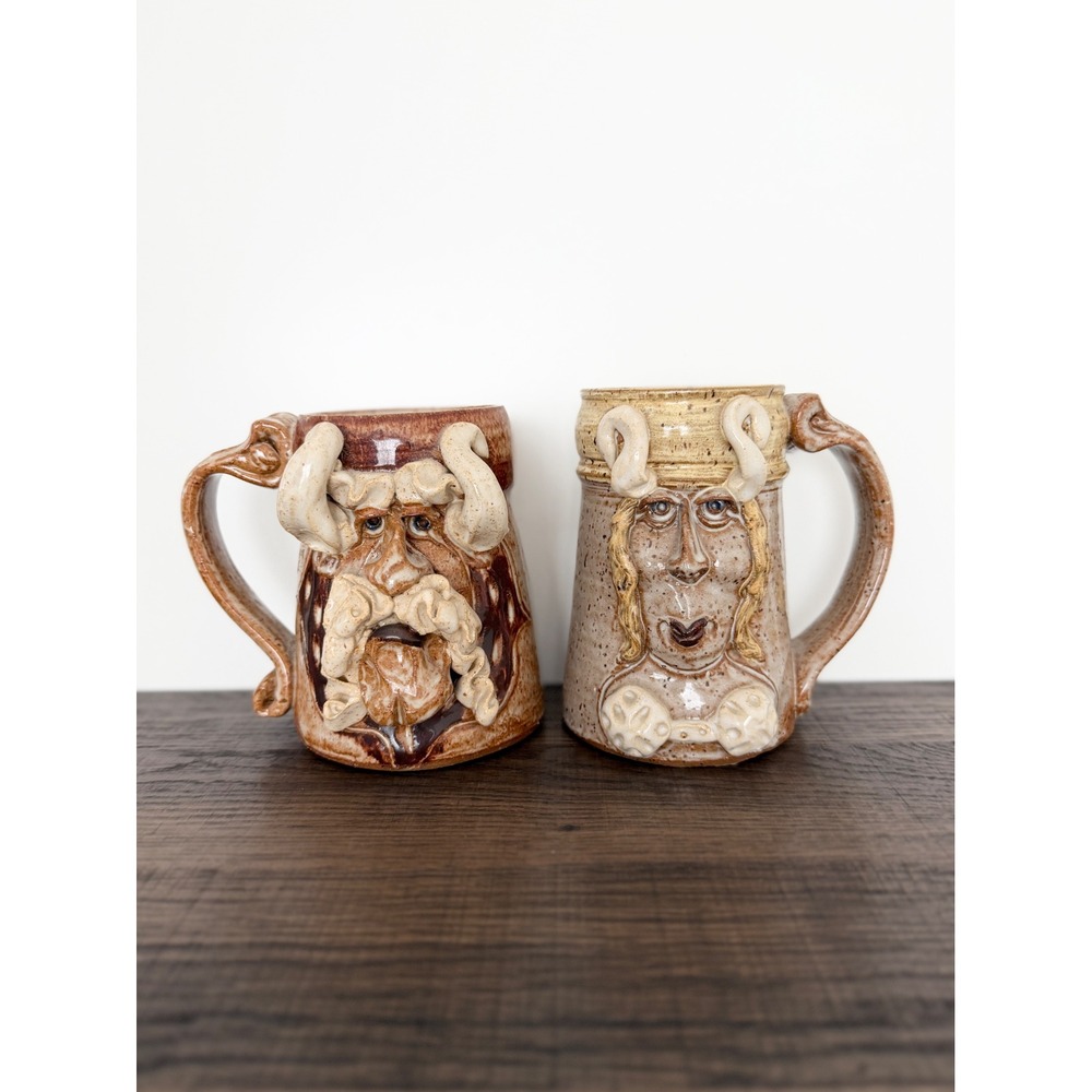 Vtg John Coiner Pottery Viking Character Face Mug Stein Pair Handmade Stoneware